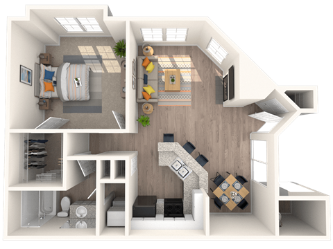 Floor plan for 1 bed, 1 bath, 743 sqft